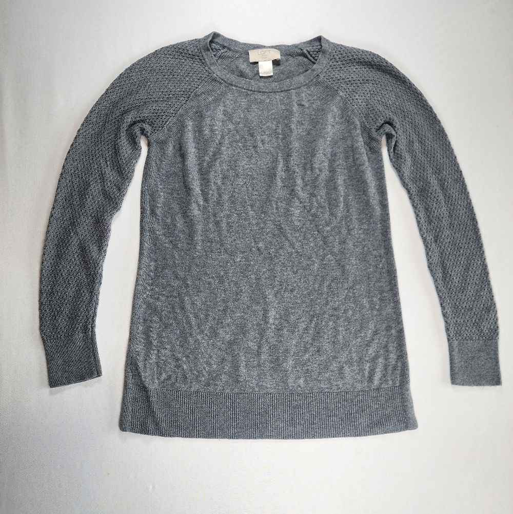 LOFT Cozy Soft Petite XSP Gray Raglan Honeycomb Sleeve Knit Pullover Sweater